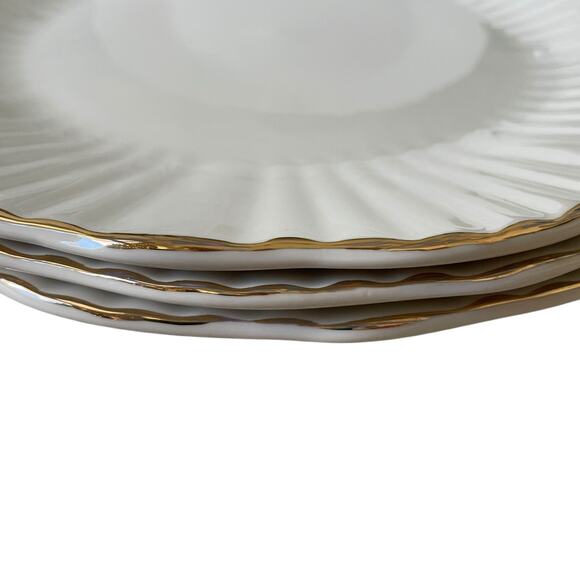 Eaton Fine Porcelain Aubrey Dinner Plates 10.5" Fluted Gold Accent Edge Set of 4 - Picture 13 of 13
